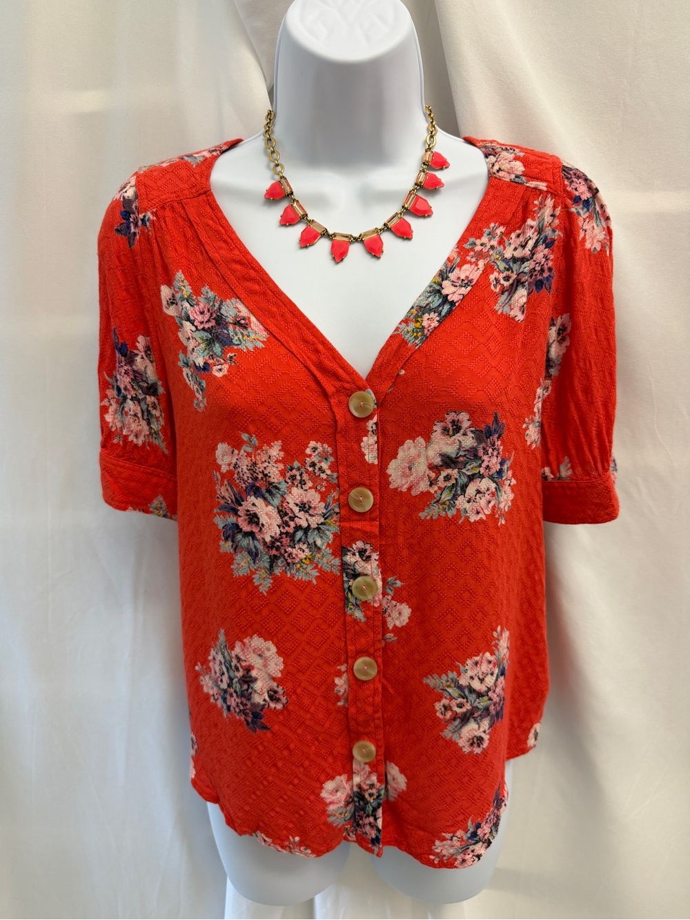 Maeve by Anthropologie Hansley Red Floral Puff Sleeve Blouse Sz 0